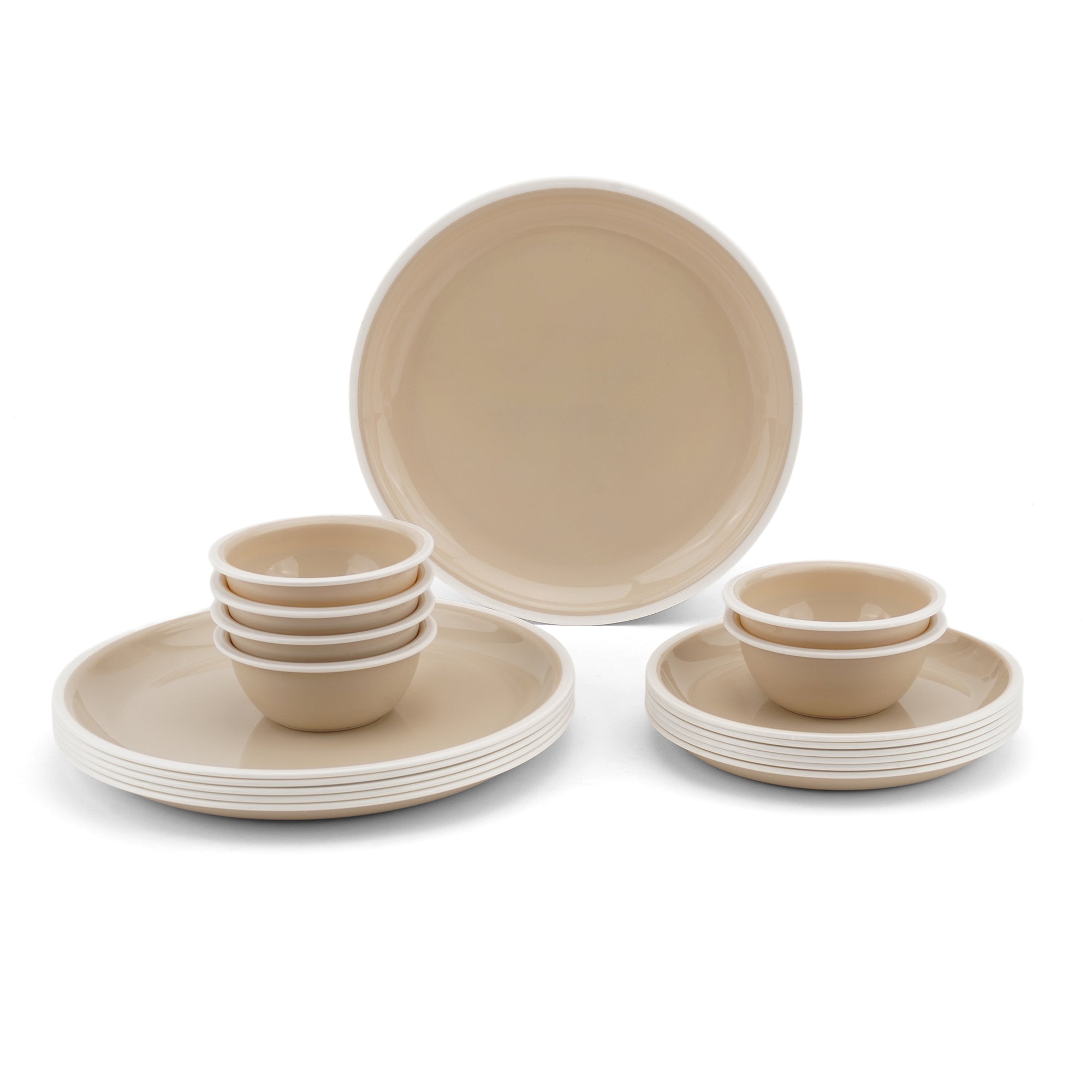 Round 18 Pc Plastic Dinner Set – 6 Full, 6 Quarter Plates & 6 Bowls, Beige