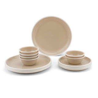 Round 18 Pc Plastic Dinner Set – 6 Full, 6 Quarter Plates & 6 Bowls, Beige